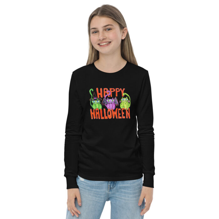 Curly Cat Halloween Youth Long Sleeve Tee - Image 3