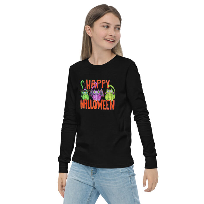 Curly Cat Halloween Youth Long Sleeve Tee - Image 4