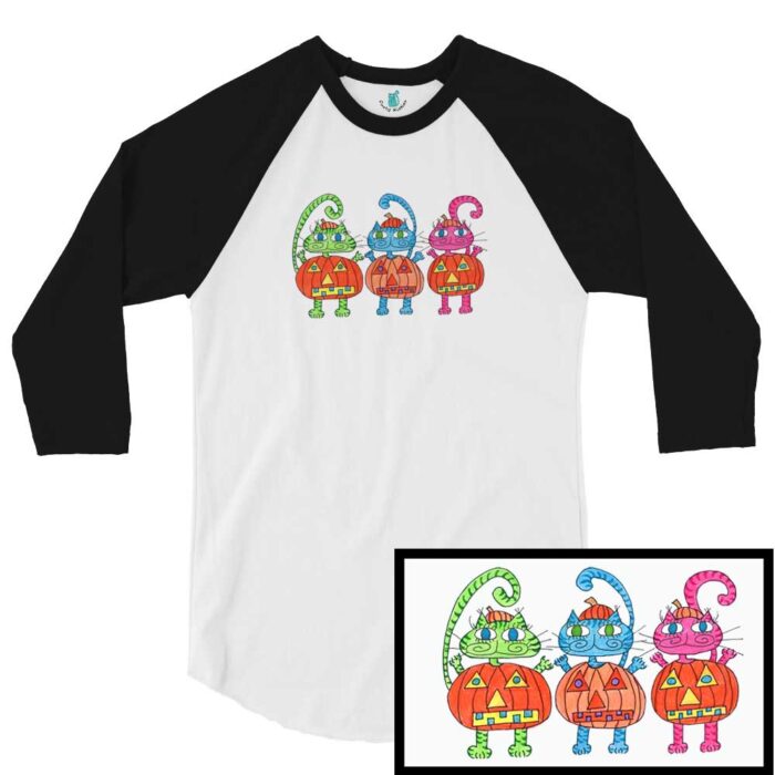 3 Pumpkin Halloween Cats Adult 3/4 Sleeve Shirt