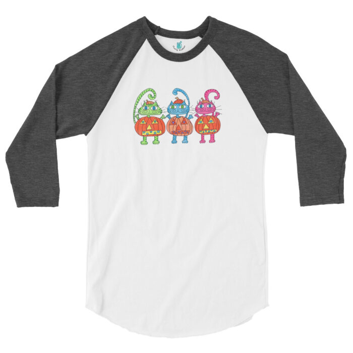 3 Pumpkin Halloween Cats Adult 3/4 Sleeve Shirt - Image 3