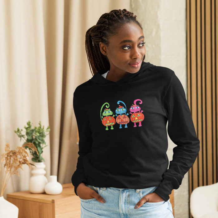 3 Pumpkin Halloween Cats Adult Hooded Long-sleeve Tee - Image 2
