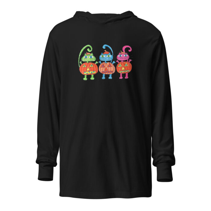 3 Pumpkin Halloween Cats Adult Hooded Long-sleeve Tee - Image 3