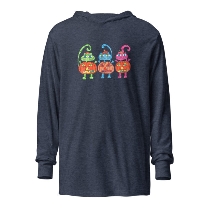 3 Pumpkin Halloween Cats Adult Hooded Long-sleeve Tee