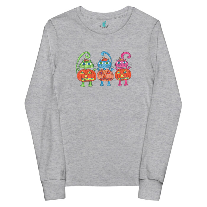 3 Pumpkin Halloween Cats Youth Long Sleeve Tee - Image 3