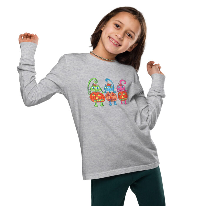 3 Pumpkin Halloween Cats Youth Long Sleeve Tee - Image 4