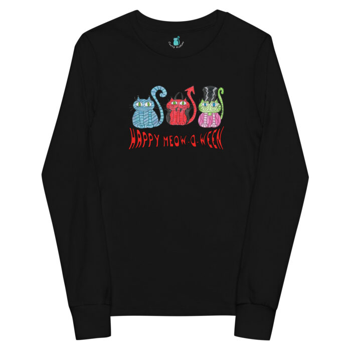 Happy Meowoween Costume Cats Youth Long Sleeve Tee - Image 2