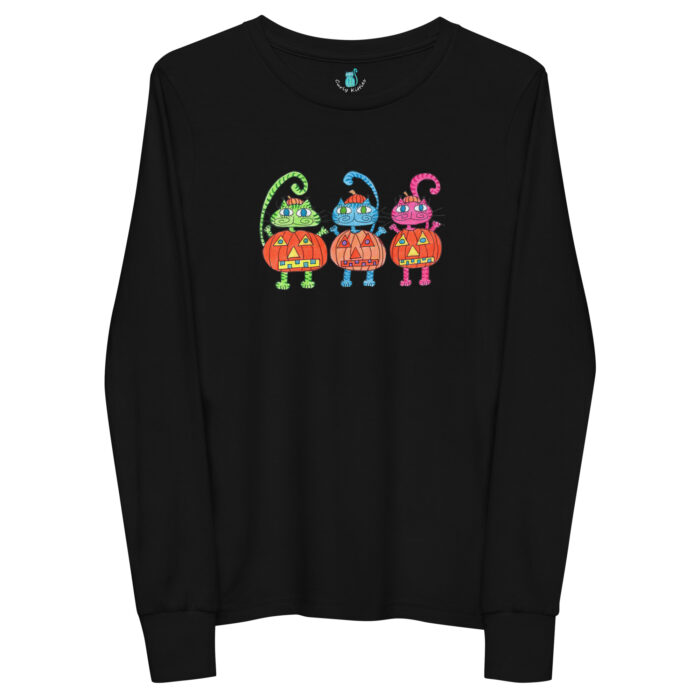 3 Pumpkin Halloween Cats Youth Long Sleeve Tee - Image 2