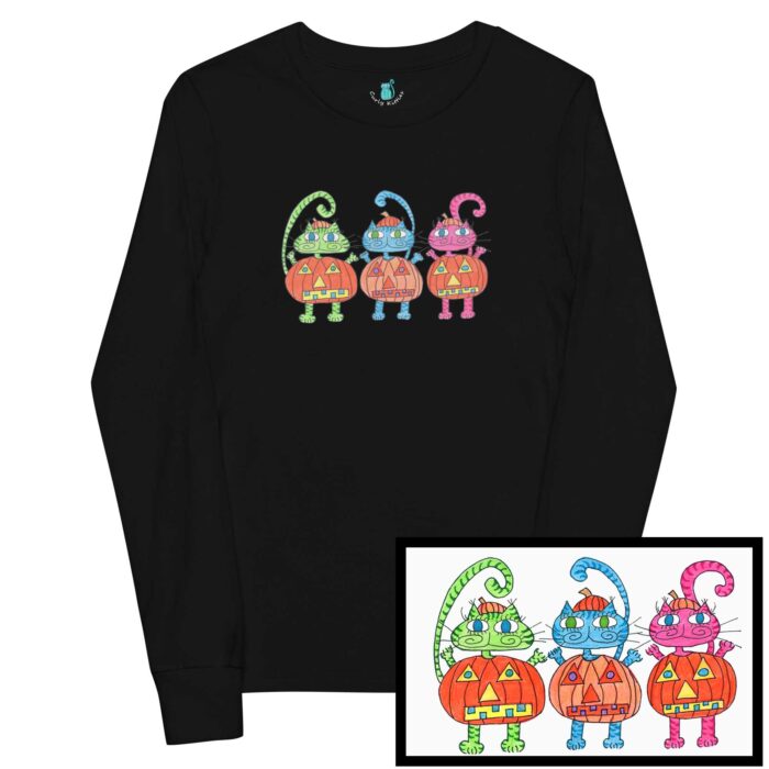 3 Pumpkin Halloween Cats Youth Long Sleeve Tee